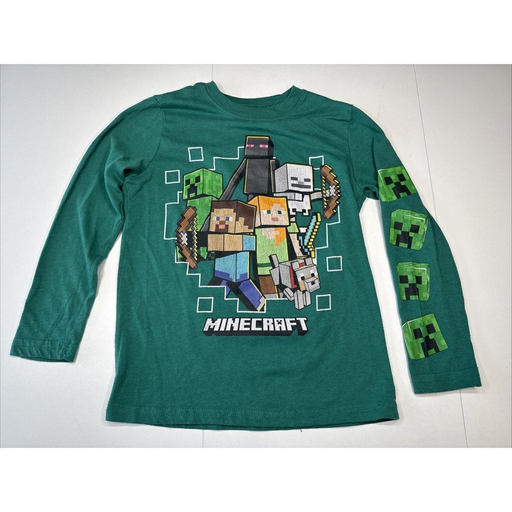 Mojang Minecraft Boys Size XS 4/5 Long Sleeve Graphic T-Shirt Green Gamer Tee